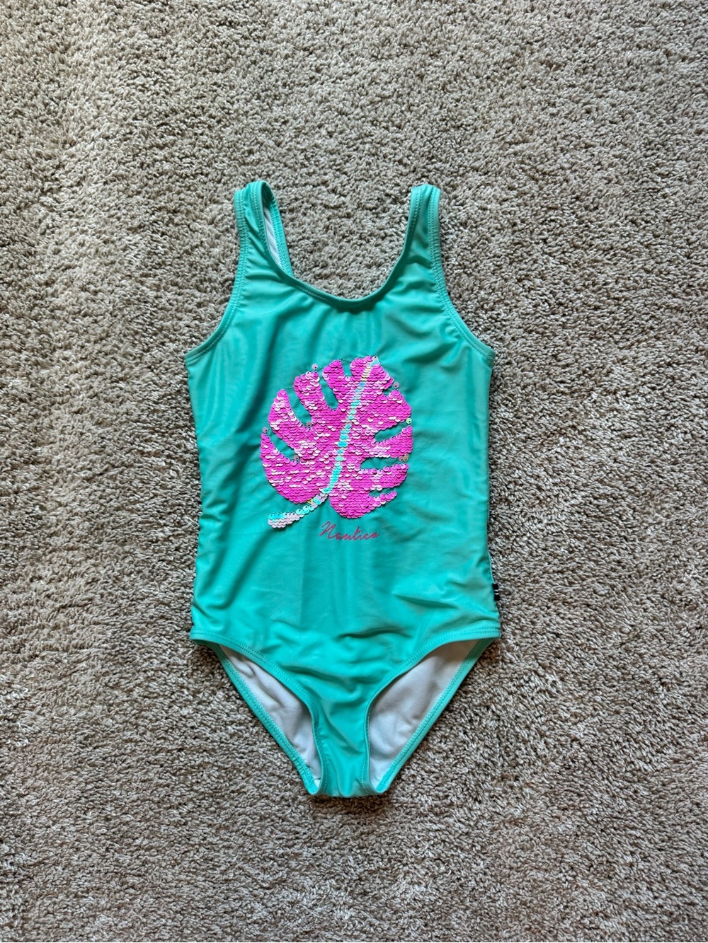 Nautica Girls One Piece Swimsuit Teal Pink Sequin Palm Leaf Bathing Suit size 6 - Picture 4 of 8